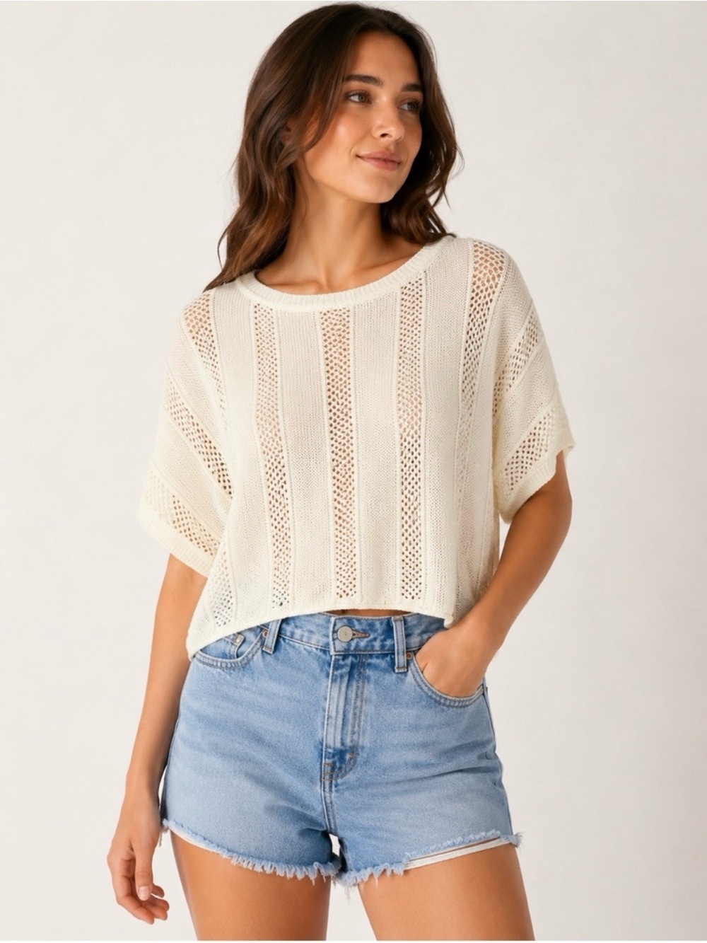 FRYE Oversized Cream Open Knit Pointelle Short Sleeves Sweater Top Size Small